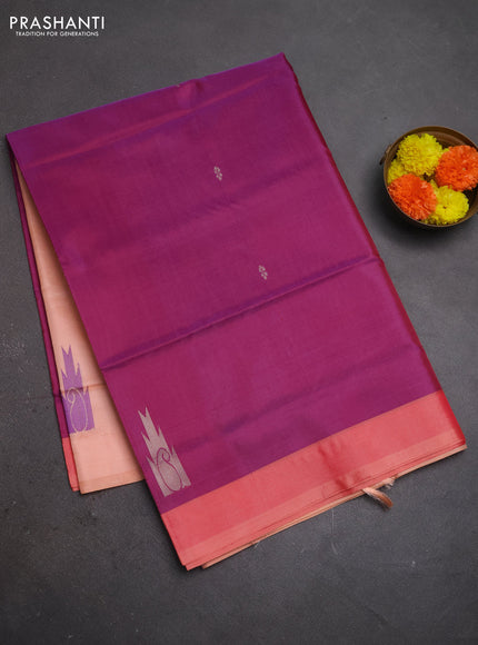 Banana pith saree purple and peach shade with thread woven buttas and contrast border