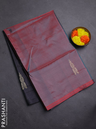 Banana pith saree dual shade of maroon and dark grey with thread woven buttas in borderless style