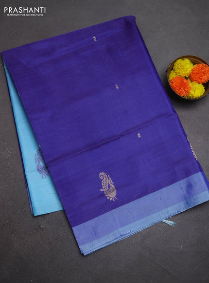 Banana pith saree blue and teal blue with thread woven buttas and contrast border