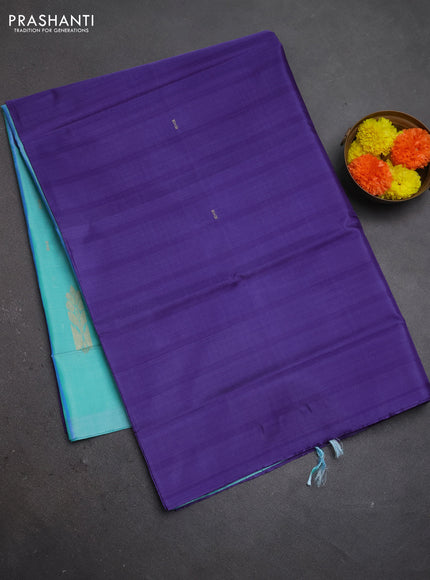 Banana pith saree violet and teal green with thread woven buttas in borderless style