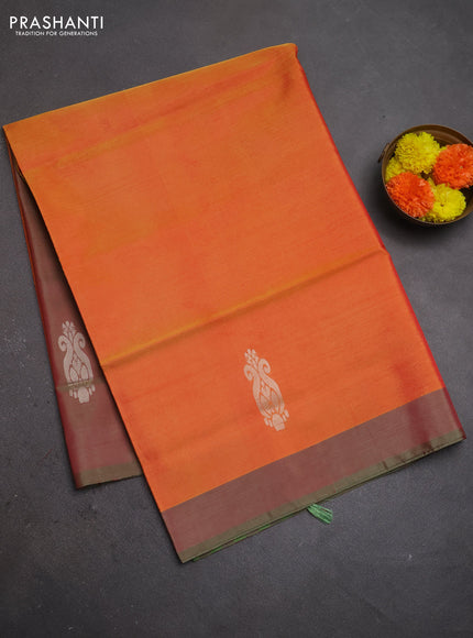 Banana pith saree sunset orange and dual shade of green with thread woven buttas and contrast border