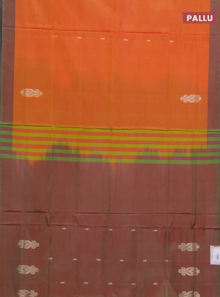 Banana pith saree sunset orange and dual shade of green with thread woven buttas and contrast border