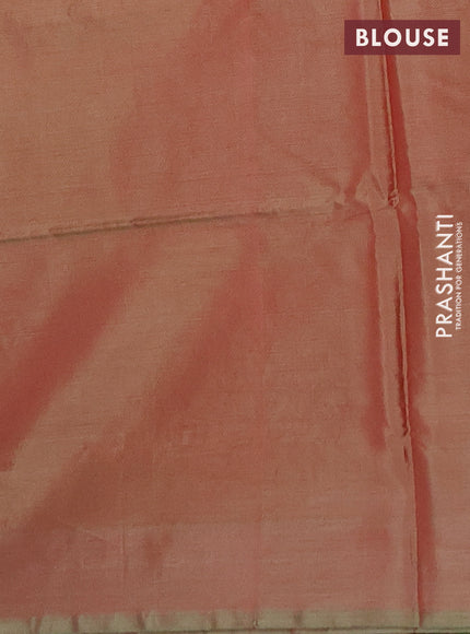 Banana pith saree sunset orange and dual shade of green with thread woven buttas and contrast border