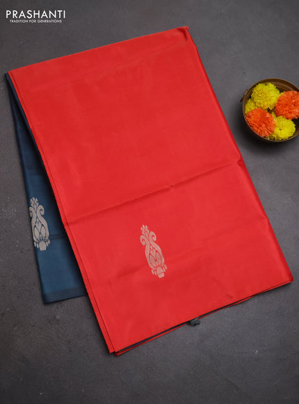 Banana pith saree red and peacock green with thread woven buttas in borderless style