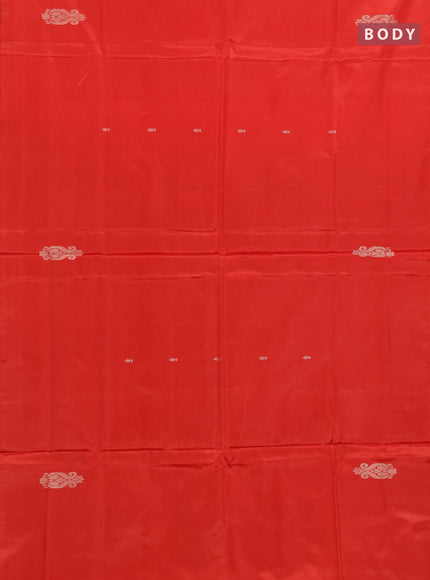 Banana pith saree red and peacock green with thread woven buttas in borderless style