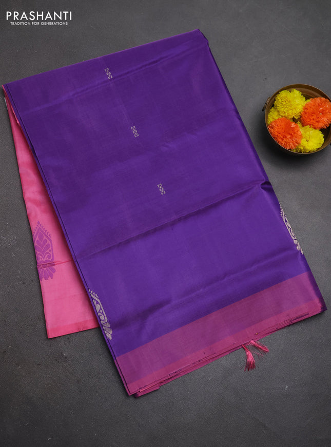Banana pith saree violet and pink with thread woven buttas and contrast border