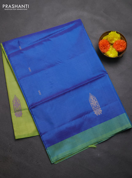 Banana pith saree blue and light green with thread woven buttas and contrast border