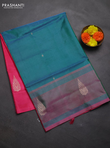 Banana pith saree dual shade of green and pink with thread woven buttas and thread woven butta border