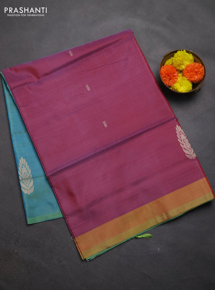 Banana pith saree pastel maroon and teal green with thread woven buttas and contrast border