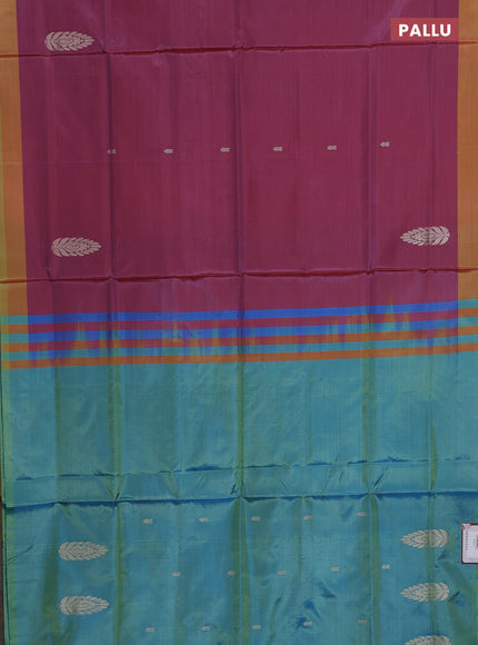 Banana pith saree pastel maroon and teal green with thread woven buttas and contrast border