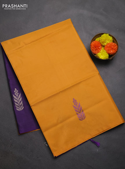 Banana pith saree mustard yellow and violet with thread woven buttas in borderless style