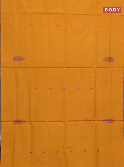 Banana pith saree mustard yellow and violet with thread woven buttas in borderless style