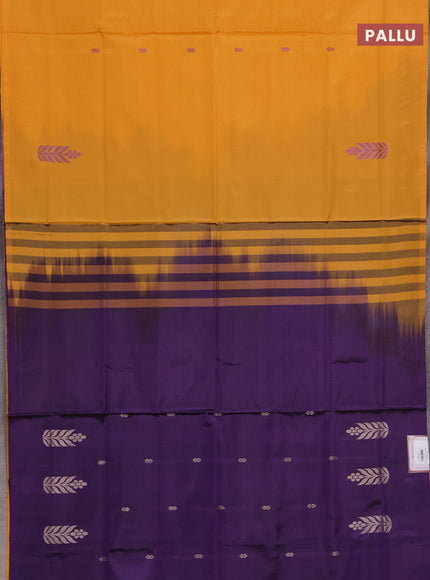 Banana pith saree mustard yellow and violet with thread woven buttas in borderless style