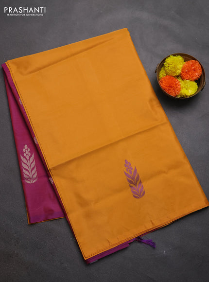 Banana pith saree mustard yellow and magenta pink with thread woven buttas in borderless style