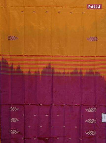 Banana pith saree mustard yellow and magenta pink with thread woven buttas in borderless style
