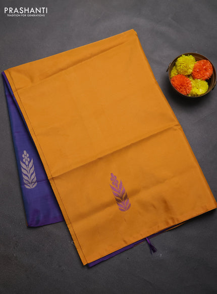 Banana pith saree mustard yellow and deep purple with thread woven buttas in borderless style