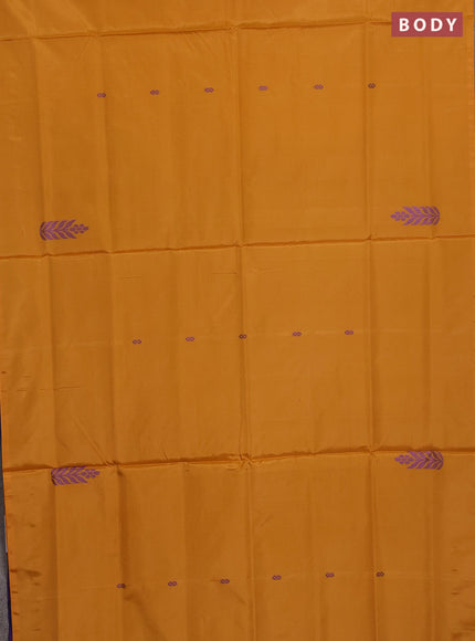 Banana pith saree mustard yellow and deep purple with thread woven buttas in borderless style