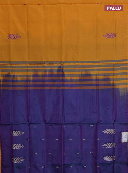 Banana pith saree mustard yellow and deep purple with thread woven buttas in borderless style