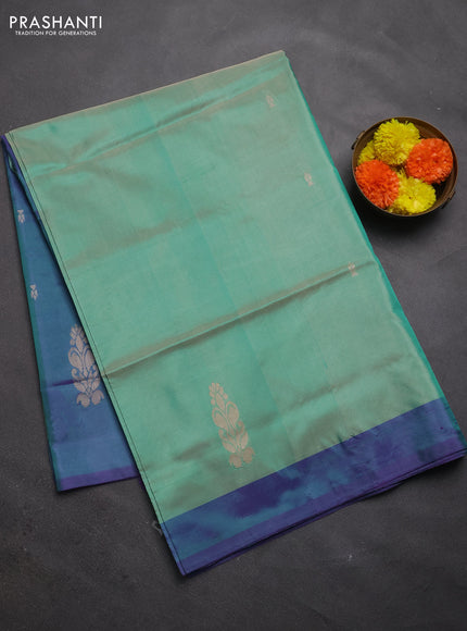 Banana pith saree teal green and dual shade of purple with thread woven buttas and contrast border