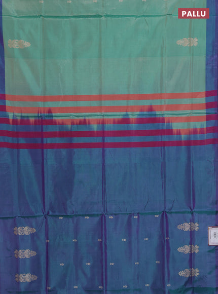 Banana pith saree teal green and dual shade of purple with thread woven buttas and contrast border