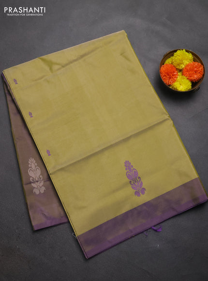 Banana pith saree elaichi green and deep violet with thread woven buttas and contrast border