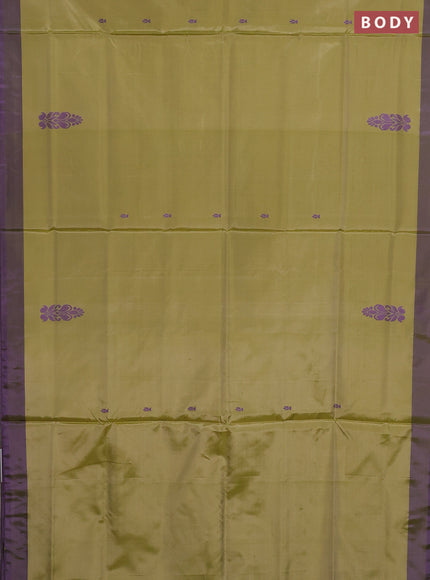 Banana pith saree elaichi green and deep violet with thread woven buttas and contrast border