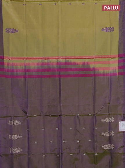 Banana pith saree elaichi green and deep violet with thread woven buttas and contrast border