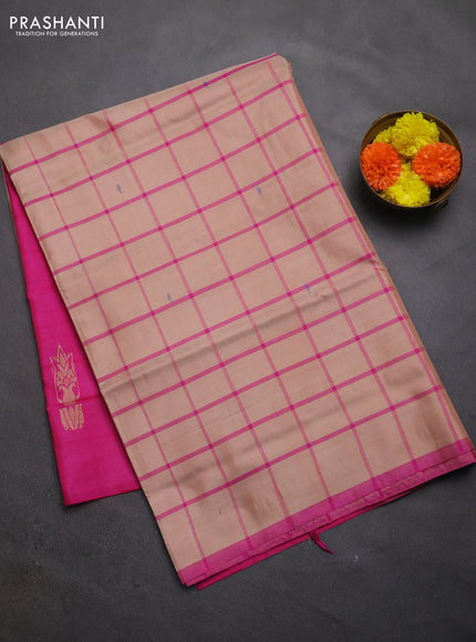 Banana pith saree peach shade and pink with allover checked pattern and piping border