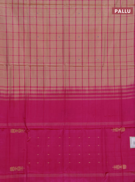 Banana pith saree peach shade and pink with allover checked pattern and piping border