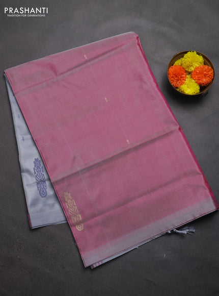Banana pith saree dual shade of pink and grey with thread woven buttas in borderless style