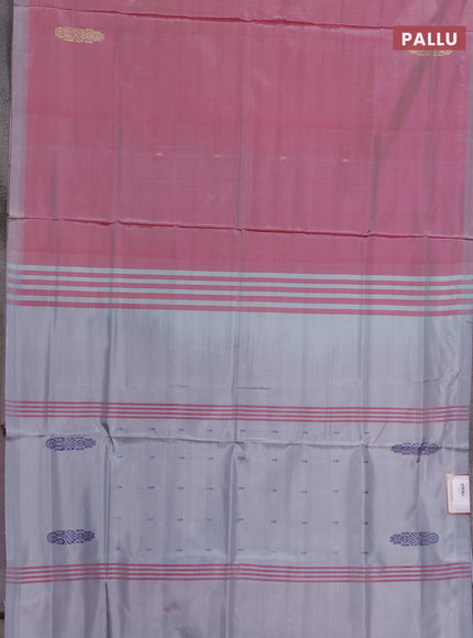 Banana pith saree dual shade of pink and grey with thread woven buttas in borderless style