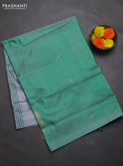 Banana pith saree light green and grey with thread woven buttas in borderless style