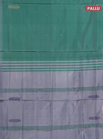 Banana pith saree light green and grey with thread woven buttas in borderless style