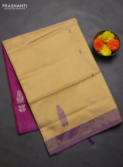 Banana pith saree pale yellow and purple with thread woven buttas and contrast border