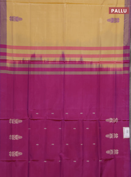 Banana pith saree pale yellow and purple with thread woven buttas and contrast border