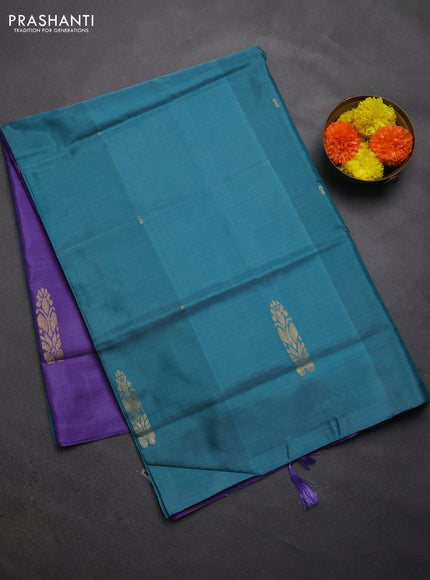 Banana pith saree teal blue and pastel violet with thread woven buttas in borderless style