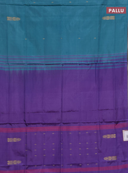 Banana pith saree teal blue and pastel violet with thread woven buttas in borderless style