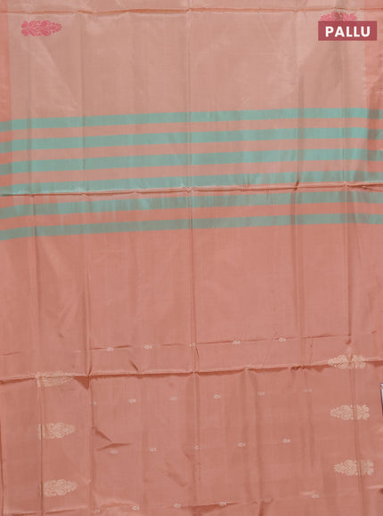 Banana pith saree teal green and peach shade with allover stripe pattern in borderless style