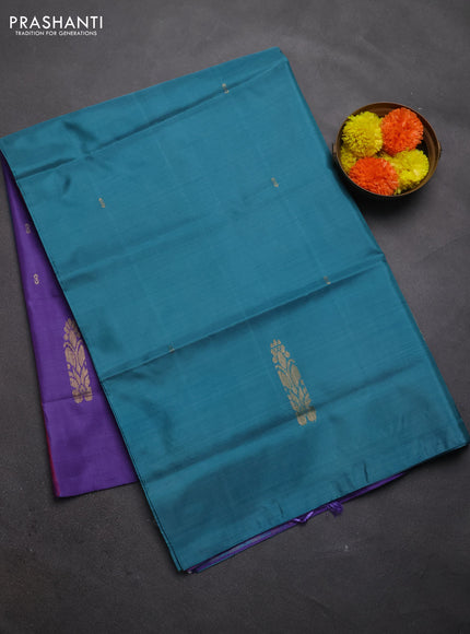 Banana pith saree teal green and deep violet with thread woven buttas in borderless style