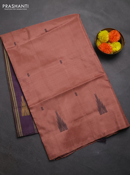 Banana pith saree dark peach and deep purple with thread woven buttas in borderless style