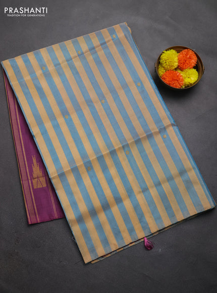 Banana pith saree sandal blue and magenta pink with allover stripe pattern in borderless style