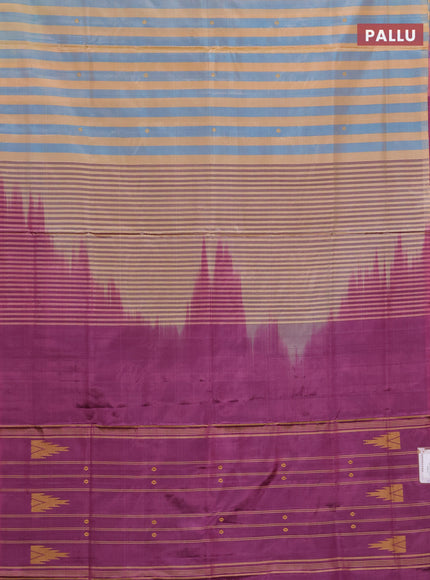 Banana pith saree sandal blue and magenta pink with allover stripe pattern in borderless style