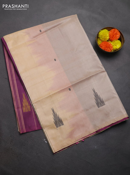 Banana pith saree beige and magenta pink with thread woven buttas in borderless style