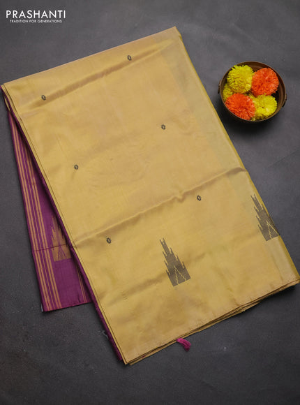 Banana pith saree pale yellow and magenta pink with thread woven buttas in borderless style