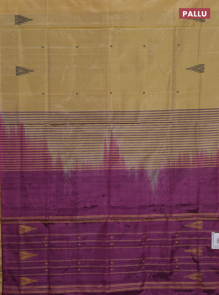 Banana pith saree pale yellow and magenta pink with thread woven buttas in borderless style
