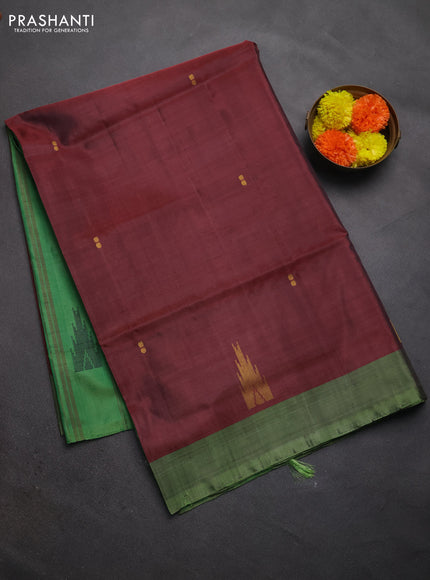 Banana pith saree deep maroon and light green with thread woven buttas and contrast border