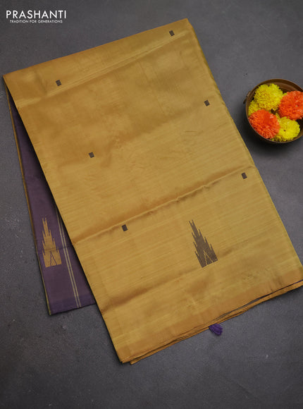 Banana pith saree mustard yellow and pastel violet with thread woven buttas in borderless style