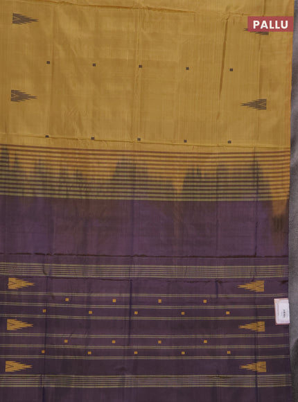 Banana pith saree mustard yellow and pastel violet with thread woven buttas in borderless style