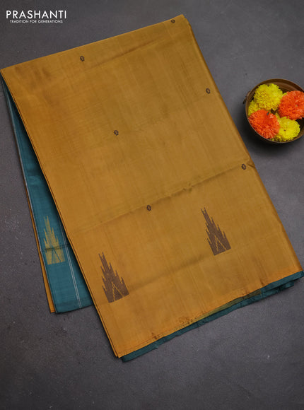 Banana pith saree dark mustard and green with thread woven buttas in borderless style