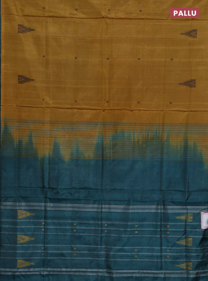 Banana pith saree dark mustard and green with thread woven buttas in borderless style